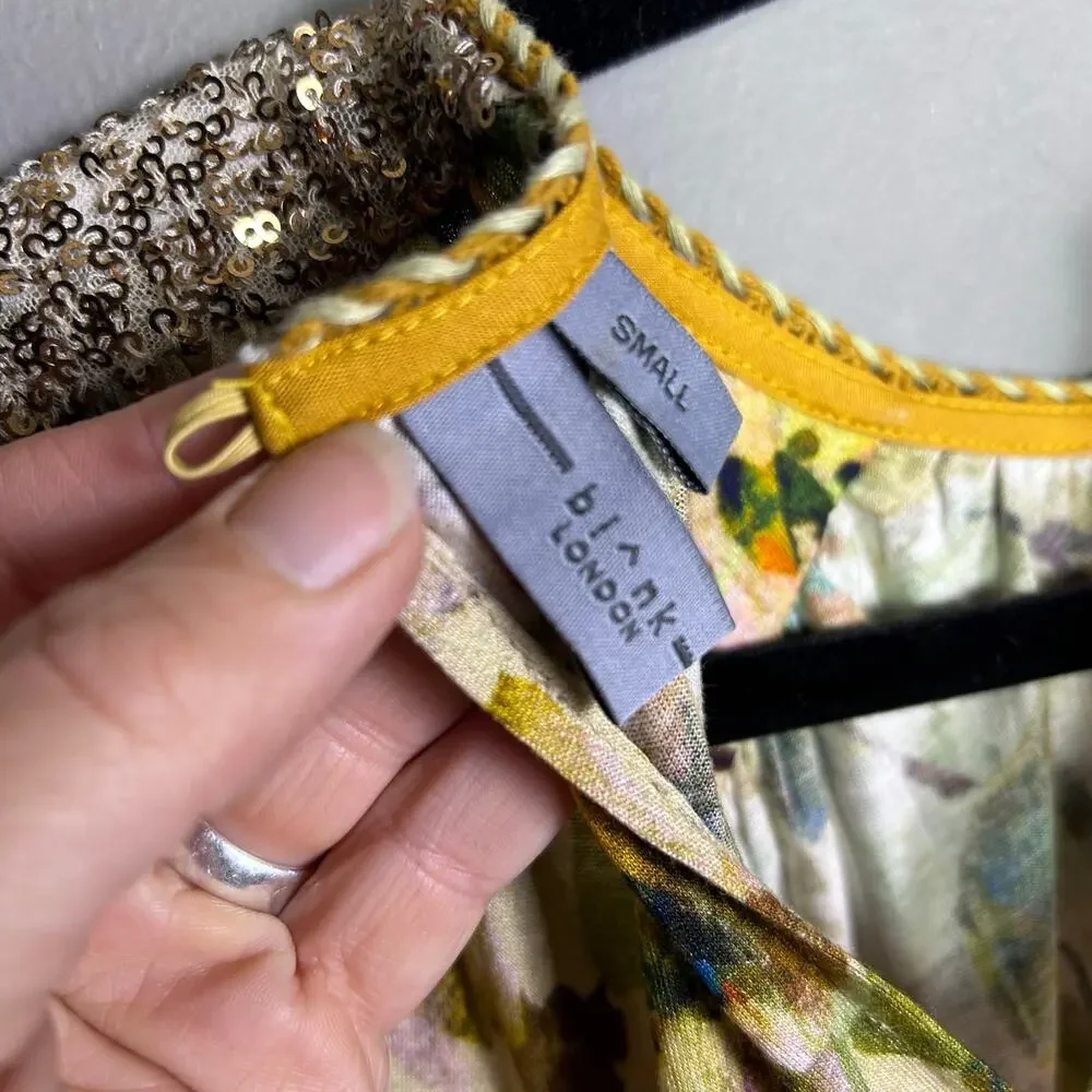 Blank London + Anthropologie top small boho cottagecore puff metallic yellow